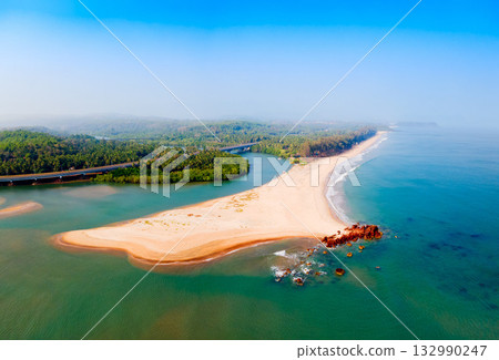 Galgibaga Beach aerial panoramic view in Goa, India Galgibaga Beach aerial panoramic view in Goa, India 132990247