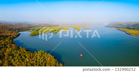 Querim beach, Terekhol river aerial panoramic view, Goa 132990252