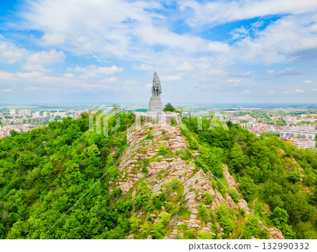 Alyosha Monument aerial panoramic view in Plovdiv city 132990332