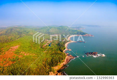 Om Beach aerial panoramic view in Gokarna, India Om Beach aerial panoramic view in Gokarna, India 132990363