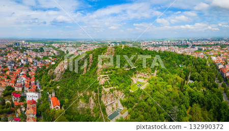 Bunarjik Hill aerial panoramic view in Plovdiv city 132990372