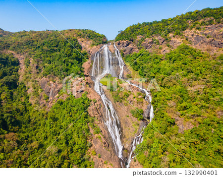 Dudhsagar Falls aerial panoramic view in Goa, India Dudhsagar Falls aerial panoramic view in Goa, India 132990401