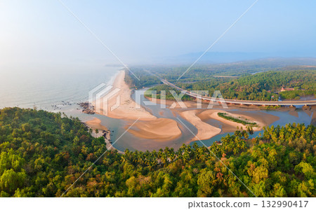 Galgibaga Beach aerial panoramic view in Goa, India Galgibaga Beach aerial panoramic view in Goa, India 132990417