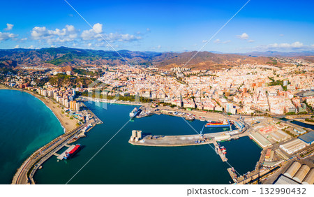Malaga city port aerial panoramic view in Andalusia Malaga city port aerial panoramic view in Andalusia 132990432