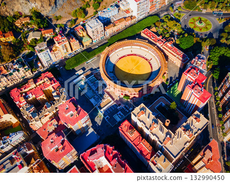 Bullring, bull ring building aerial panoramic view, Malaga 132990450