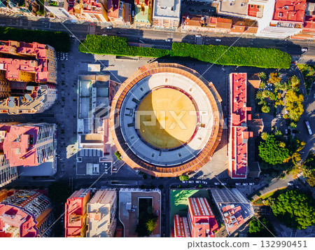 Bullring, bull ring building aerial panoramic view, Malaga 132990451