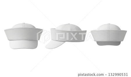White sailor cap with a visor in three different views for marine or naval uniform fashion White sailor cap with a visor in three different views for marine or naval uniform fashion 132990531