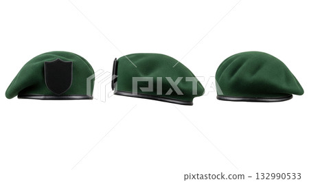 Green military beret hat with blank patch shown in three views for army special forces uniform Green military beret hat with blank patch shown in three views for army special forces uniform 132990533