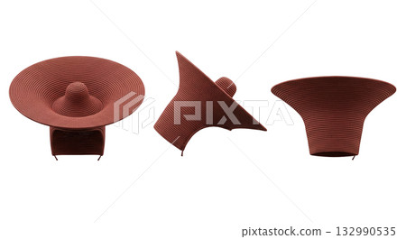 Avant garde terracotta woven hat with extra wide brim from three different views for high fashion Avant garde terracotta woven hat with extra wide brim from three different views for high fashion 132990535