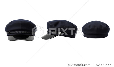 Classic black fiddler or mariner cap a timeless naval style headwear shown in three views Classic black fiddler or mariner cap a timeless naval style headwear shown in three views 132990536