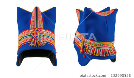 Traditional blue sami four winds hat a national scandinavian folk costume headwear accessory 132990538