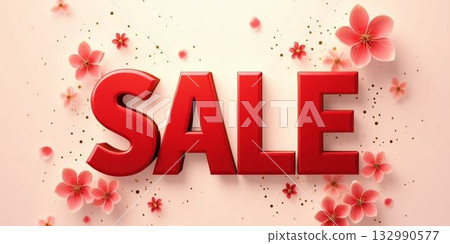 促銷標誌，紅色，櫻花花瓣圖案，春季促銷背景套裝，橫幅素材 132990577