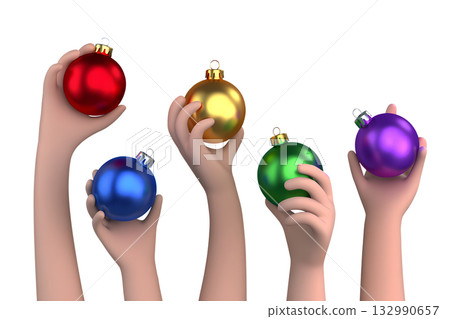 3d cartoon hands holding festive christmas baubles against transparent background, full of holiday cheer and joy 3d cartoon hands holding festive christmas baubles against transparent background, full of holiday cheer and joy 132990657