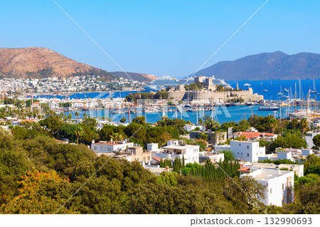 The Bodrum Castle and marina aerial panoramic view in Turkey 132990693