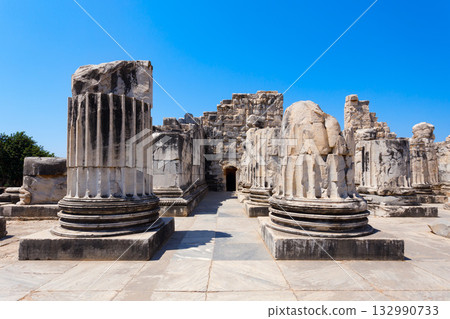 Temple of Apollo ruins at Didyma ancient sanctuary in Didim city in Turkey Temple of Apollo ruins at Didyma ancient sanctuary in Didim city in Turkey 132990733
