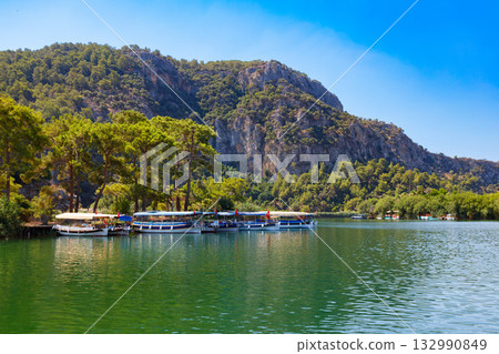 Boats at Dalyan river in Dalyan town, Turkey 132990849