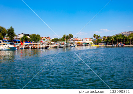 Boats at Dalyan river in Dalyan town, Turkey 132990851