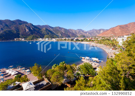 Icmeler town beach aerial panoramic view in Turkey Icmeler town beach aerial panoramic view in Turkey 132990852