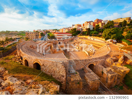 Tarragona Amphitheatre aerial panoramic view, Spain 132990901