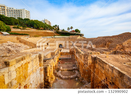Tarragona Amphitheatre aerial panoramic view, Spain 132990902