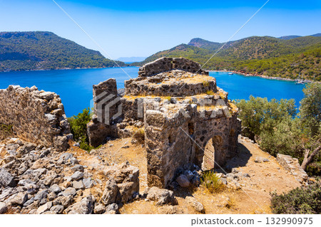 Greek church byzantine ruins at Gemiler or St. Nicholas Island in Turkey Greek church byzantine ruins at Gemiler or St. Nicholas Island in Turkey 132990975