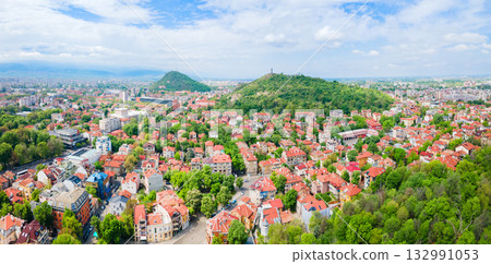 Bunarjik Hill aerial panoramic view in Plovdiv city 132991053