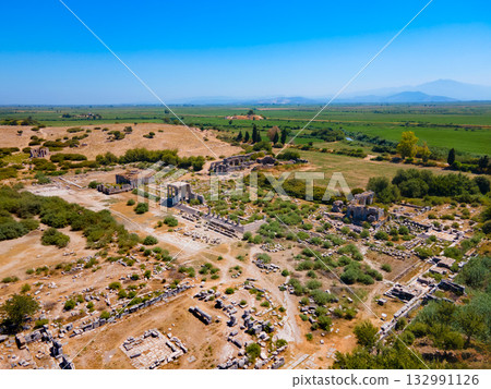 Miletus Archaeological Site aerial panoramic view near Didim city in Turkey 132991126