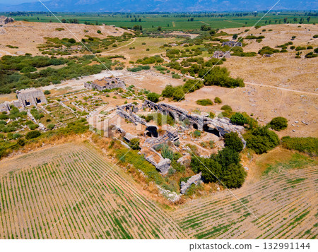 Miletus Archaeological Site aerial panoramic view near Didim city in Turkey 132991144