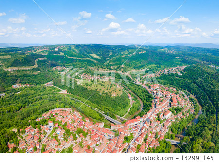 Veliko Tarnovo city centre aerial panoramic view, Bulgaria Veliko Tarnovo city centre aerial panoramic view, Bulgaria 132991145