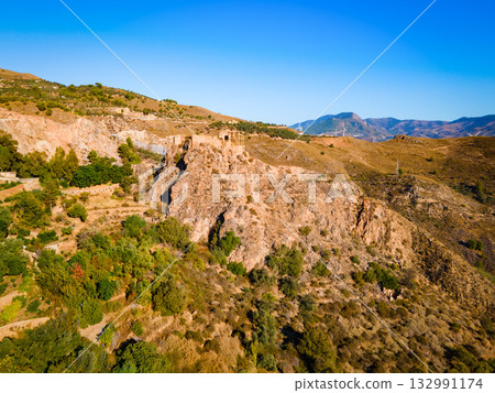 Lanjaron Castle aerial panoramic view in Alpujarras, Spain 132991174