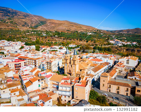 Orgiva town aerial panoramic view in Alpujarras, Spain 132991182