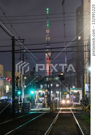 Illuminated Skytree and Toden Arakawa Line 132991220