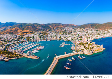 Bodrum beach and marina aerial panoramic view in Turkey Bodrum beach and marina aerial panoramic view in Turkey 132991222