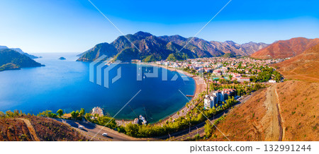 Icmeler town beach aerial panoramic view in Turkey 132991244