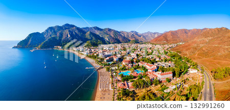 Icmeler town beach aerial panoramic view in Turkey 132991260