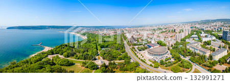 Varna city beach, seaside park aerial panoramic view, Bulgaria 132991271