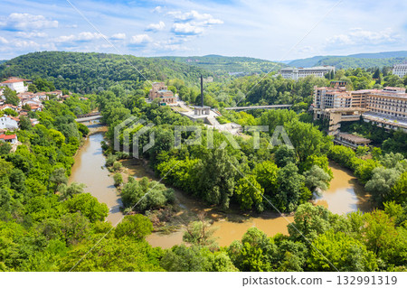 Yantra River aerial panoramic view in Veliko Tarnovo city 132991319