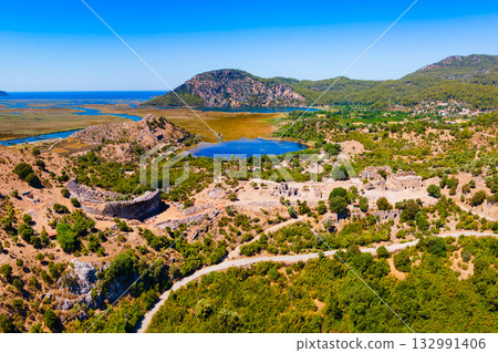 Kaunos ancient city aerial panoramic view near Dalyan, Turkey 132991406