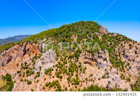 Kaunos Rock Tombs aerial view near Dalyan town in Turkey Kaunos Rock Tombs aerial view near Dalyan town in Turkey 132991415