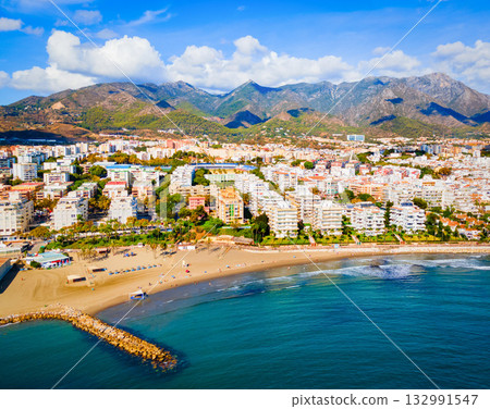 Marbella city beach and port aerial panoramic view Marbella city beach and port aerial panoramic view 132991547