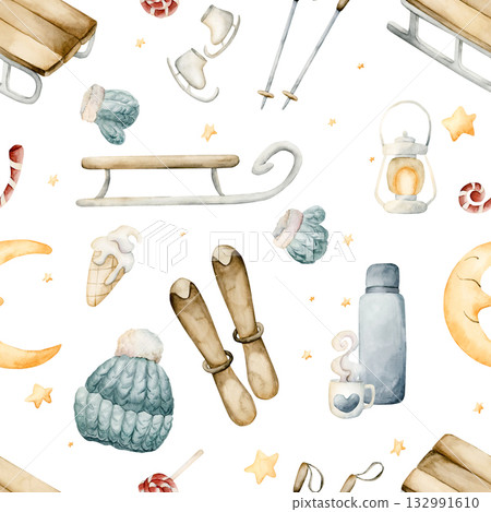 Sleigh, skis, ice skates, winter funs seamless pattern. Watercolor hand drawn illustration isolated on white background or cozy sport design Christmas card kids fabric holiday textile wrapping paper 132991610