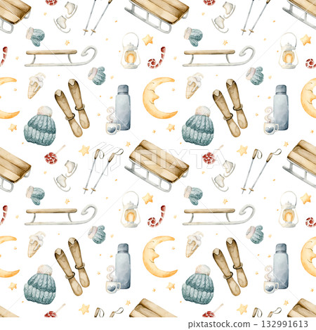 Sleigh, skis, ice skates, winter funs seamless pattern. Watercolor hand drawn illustration isolated on white background or cozy sport design Christmas card kids fabric holiday textile wrapping paper 132991613