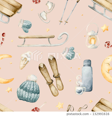 Sleigh, skis, ice skates, winter funs seamless pattern. Watercolor hand drawn illustration isolated on pink background for cozy sport design Christmas card kids fabric holiday textile wrapping paper Sleigh, skis, ice skates, winter funs seamless pattern. Watercolor hand drawn illustration isolated on pink background for cozy sport design Christmas card kids fabric holiday textile wrapping paper 132991616