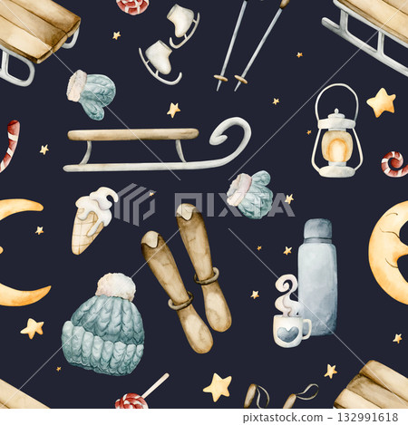 Sleigh, skis, ice skates, winter funs seamless pattern. Watercolor hand drawn illustration isolated on dark blue background for cozy sport design Christmas kids fabric holiday textile wrapping paper 132991618