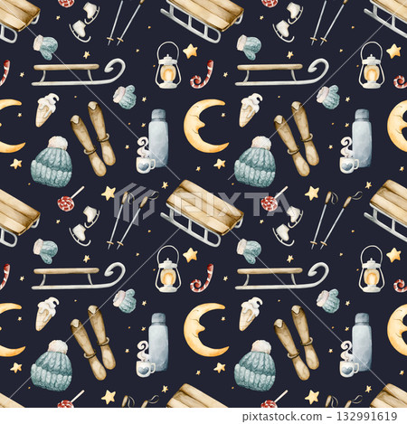 Sleigh, skis, ice skates, winter funs seamless pattern. Watercolor hand drawn illustration isolated on dark blue background for cozy sport design Christmas kids fabric holiday textile wrapping paper Sleigh, skis, ice skates, winter funs seamless pattern. Watercolor hand drawn illustration isolated on dark blue background for cozy sport design Christmas kids fabric holiday textile wrapping paper 132991619