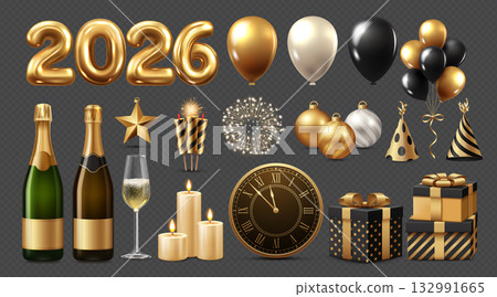 Golden new year 2026 realistic elements collection Golden new year 2026 realistic elements collection 132991665
