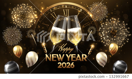 Midnight celebration background with fireworks champagne and 2026 balloons realistic style Midnight celebration background with fireworks champagne and 2026 balloons realistic style 132991667
