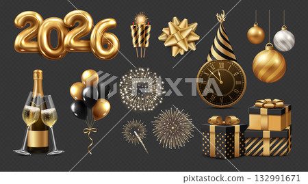 Golden black new year 2026 icon set realistic collection 132991671