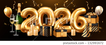 Golden new year 2026 toast illustration realistic 132991672