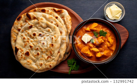 Pakistan food, Freshly baked naan bread with a side of butter and a bowl of rich chicken karahi 132991742